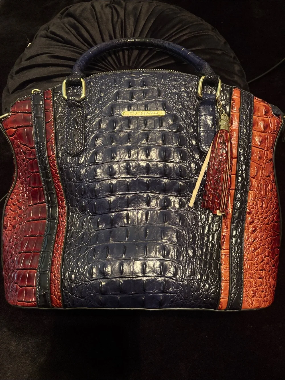 Croc-Embossed faux Leather Satchel in Navy, Red & Brown fashion bag.